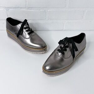 Westies Womens Metallic Silver Platform Oxford Lace Up Shoes Ribbon Laces 7